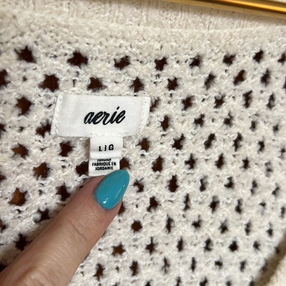 AERIE | Open Knit V Neck Sweater in Toasted Coconut | Large - Picture 2 of 8